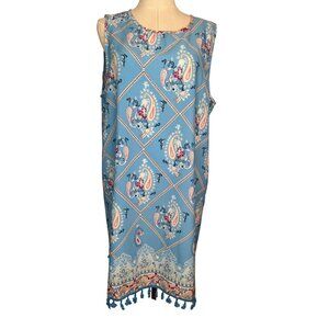 Bohemian XL Sleeveless Blue Paisley Print Shift Dress Tassel Hem & Button Back
